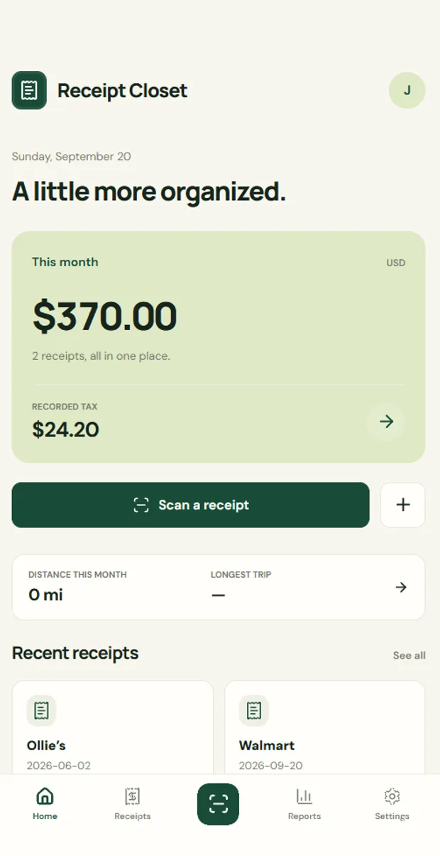 The Receipt Closet home screen showing this month’s total, recorded tax and distance.