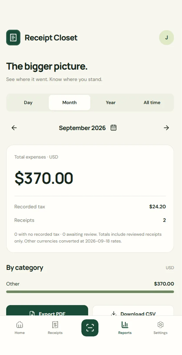 The reports screen showing September 2026 total expenses and recorded tax.