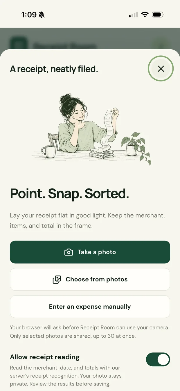 The Receipt Closet scan screen with buttons to take a photo, choose from photos, or enter an expense manually.